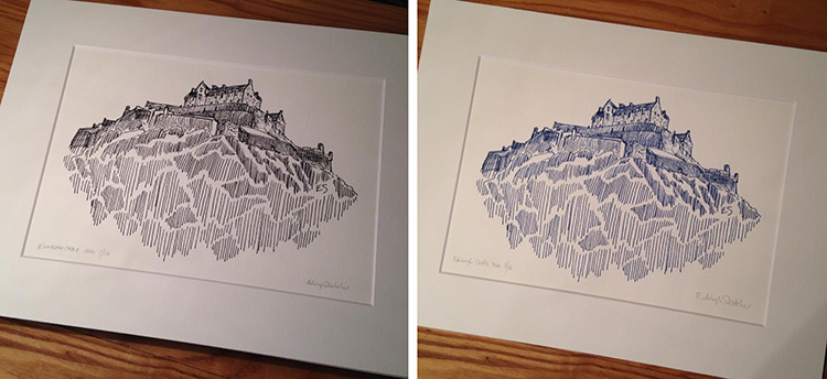 The Mounted prints are available in 'original black' or saltire blue'